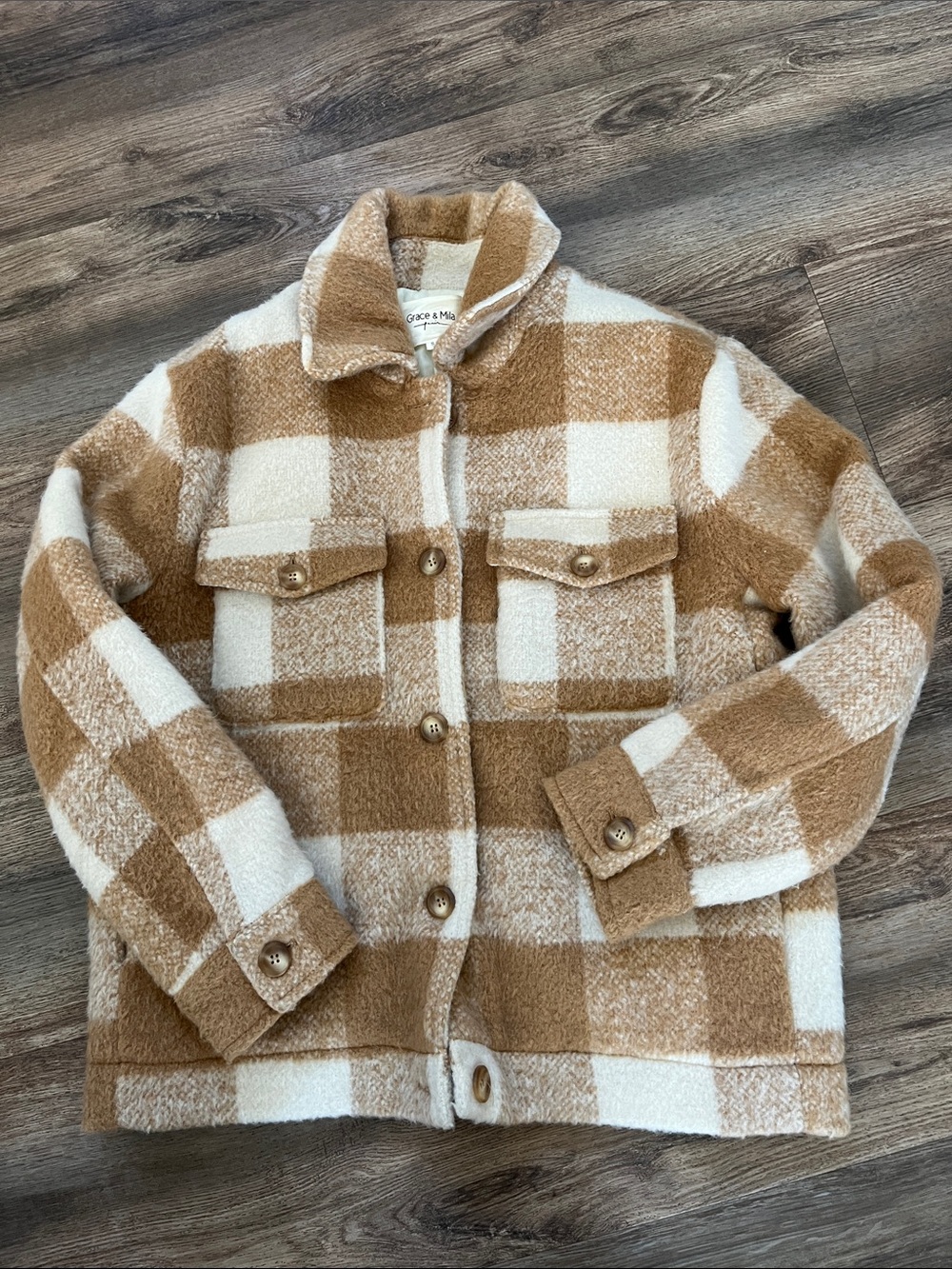 Grace & Mila Paris Blandine Plaid Jacket (Camel/Beige) Sz S